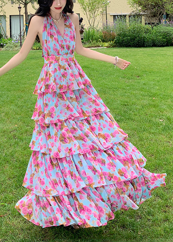 Backless Halter Tie Floral Tiered Ruffle Maxi Dress