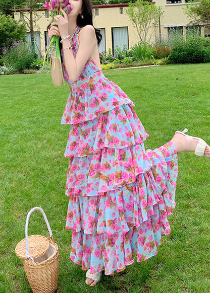 Backless Halter Tie Floral Tiered Ruffle Maxi Dress