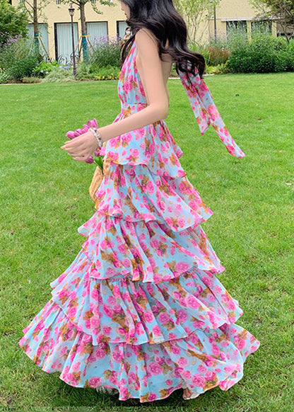Backless Halter Tie Floral Tiered Ruffle Maxi Dress