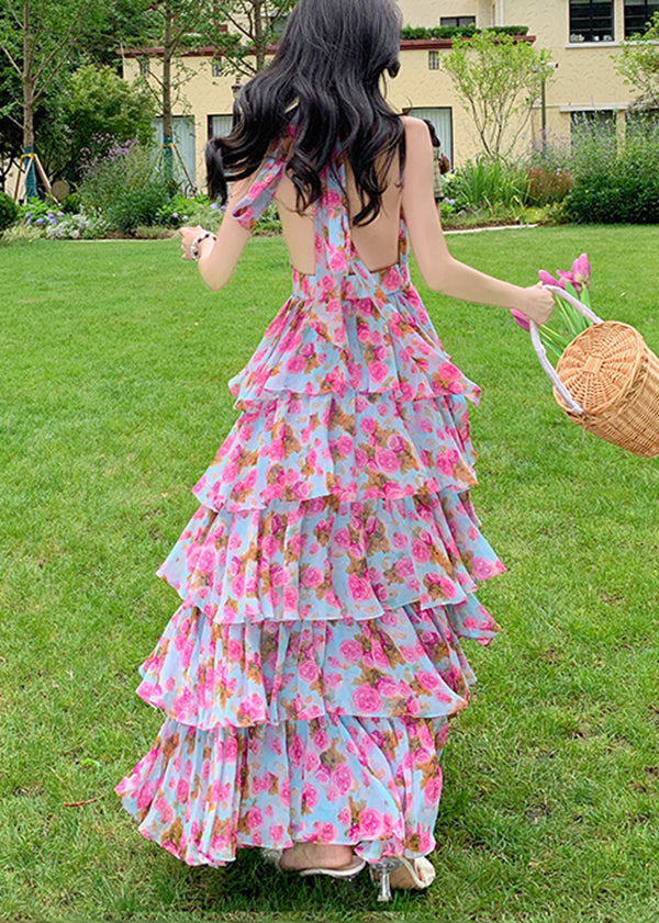 Backless Halter Tie Floral Tiered Ruffle Maxi Dress