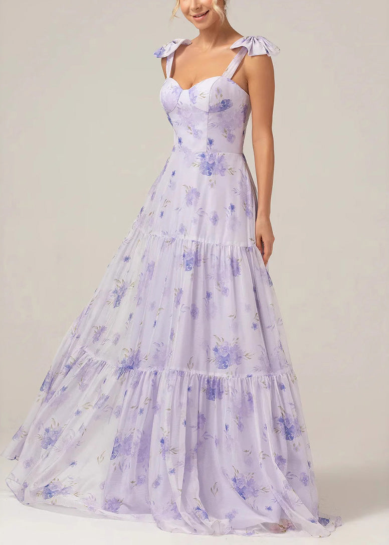 Deep V-Neck Lace-Up Back Tiered Floral Print Chiffon Maxi Gown