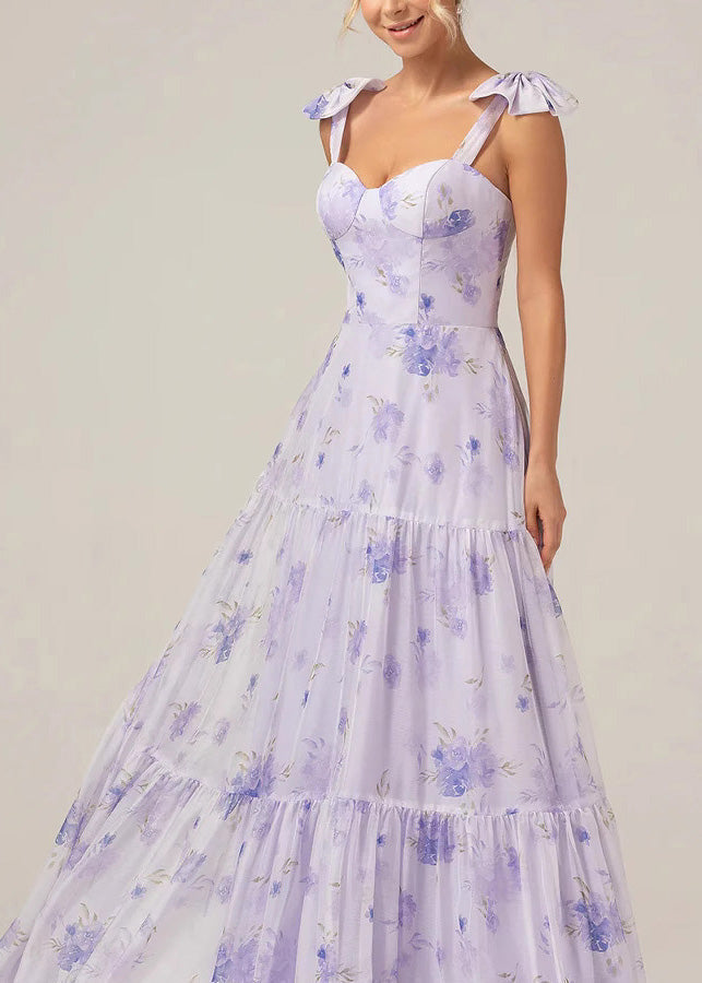 Deep V-Neck Lace-Up Back Tiered Floral Print Chiffon Maxi Gown