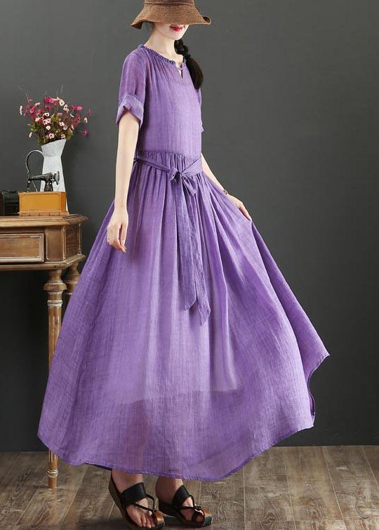 Round Neck Ruffle Trim Cuffed Sleeve Tie Waist Textured Maxi Dress
