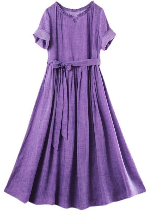 Round Neck Ruffle Trim Cuffed Sleeve Tie Waist Textured Maxi Dress