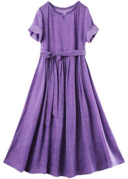 Round Neck Ruffle Trim Cuffed Sleeve Tie Waist Textured Maxi Dress