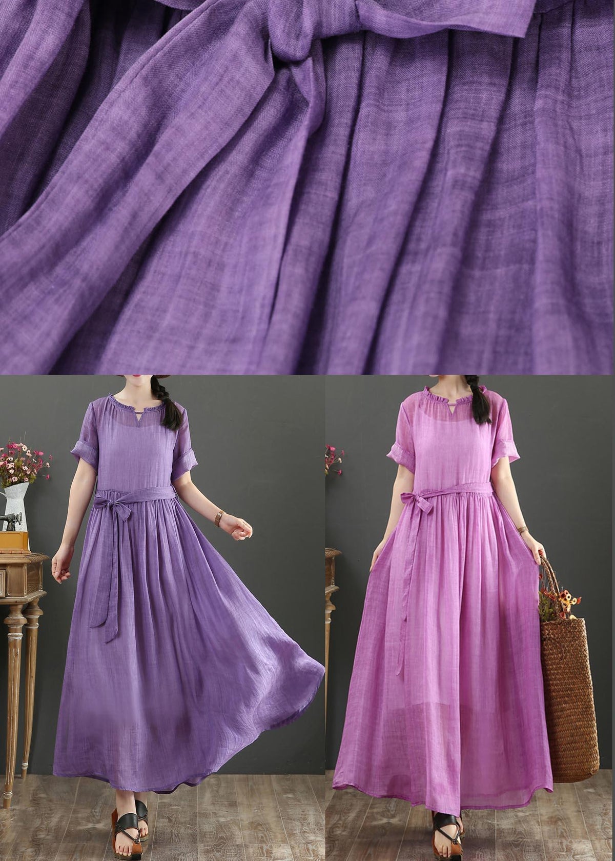 Round Neck Ruffle Trim Cuffed Sleeve Tie Waist Textured Maxi Dress