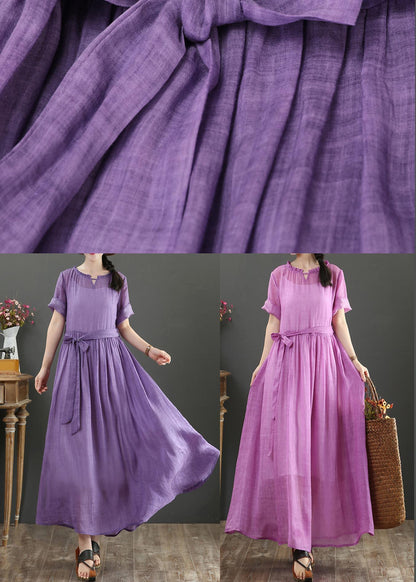 Round Neck Ruffle Trim Cuffed Sleeve Tie Waist Textured Maxi Dress