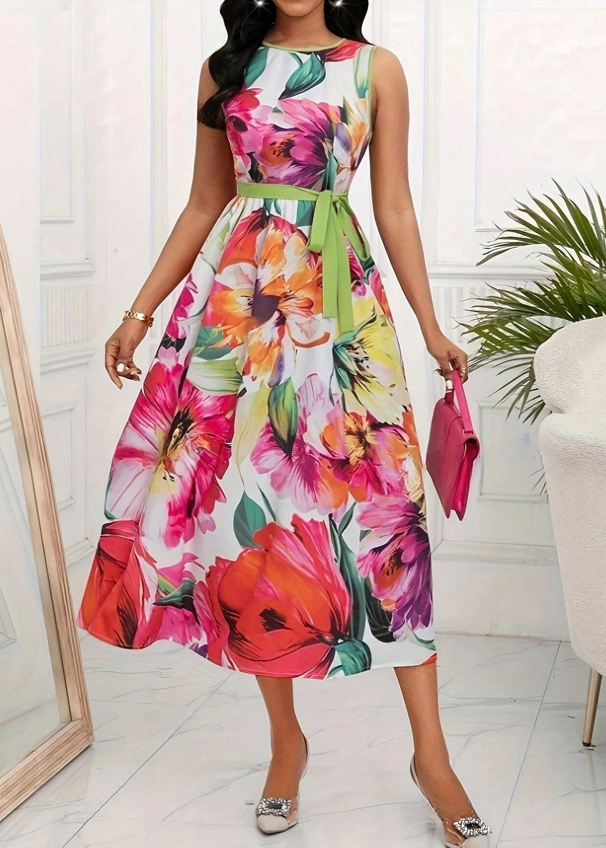 Round Neck Sleeveless Belted Floral Print A-Line Midi Dress