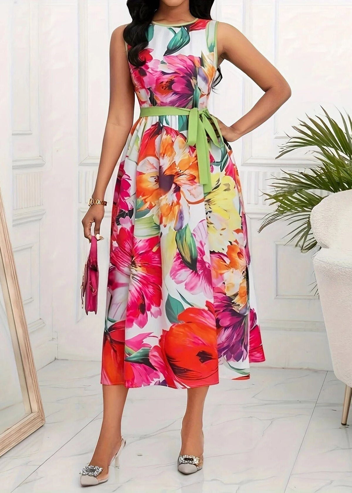 Round Neck Sleeveless Belted Floral Print A-Line Midi Dress