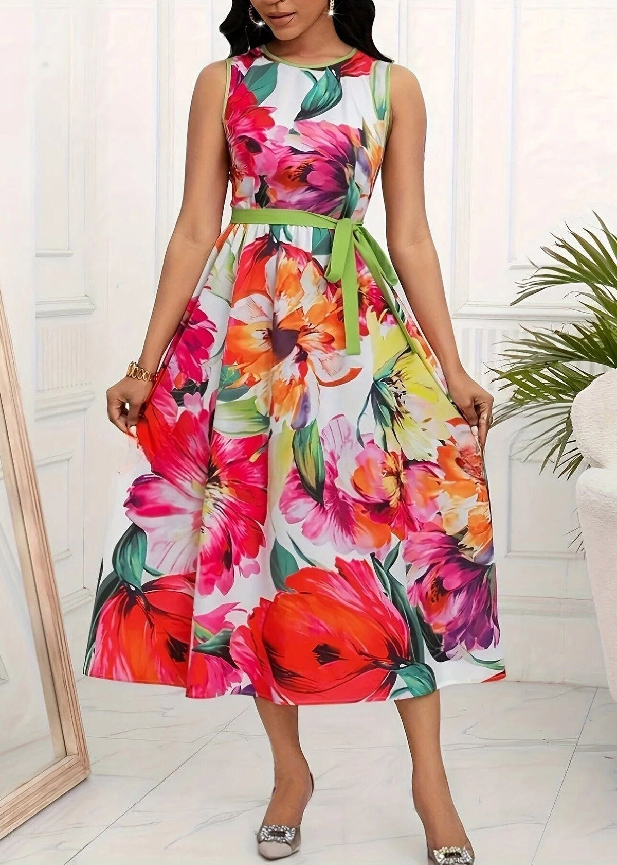 Round Neck Sleeveless Belted Floral Print A-Line Midi Dress