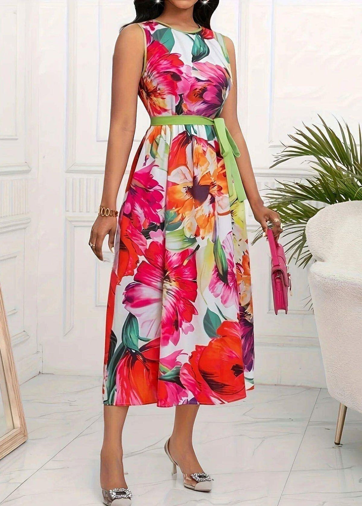 Round Neck Sleeveless Belted Floral Print A-Line Midi Dress