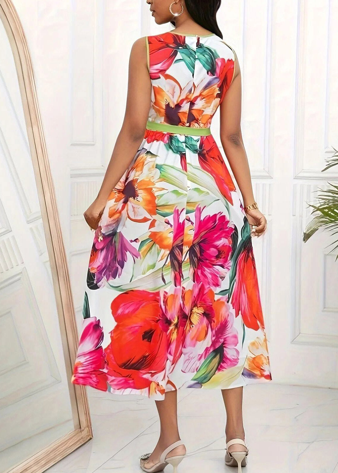 Round Neck Sleeveless Belted Floral Print A-Line Midi Dress