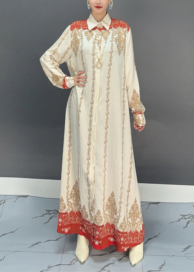 Collared Ornate Print Button-Front Long Sleeve Maxi Shirt Dress