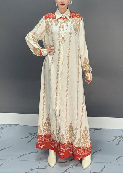 Collared Ornate Print Button-Front Long Sleeve Maxi Shirt Dress