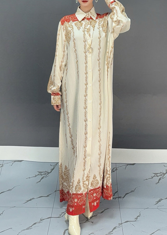 Collared Ornate Print Button-Front Long Sleeve Maxi Shirt Dress