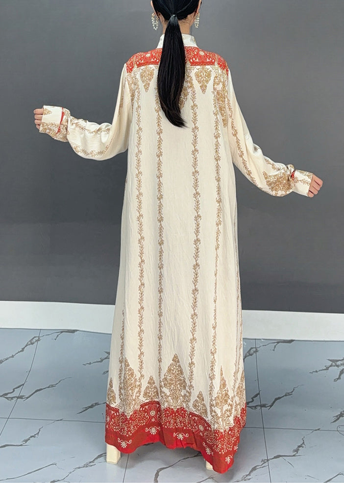 Collared Ornate Print Button-Front Long Sleeve Maxi Shirt Dress