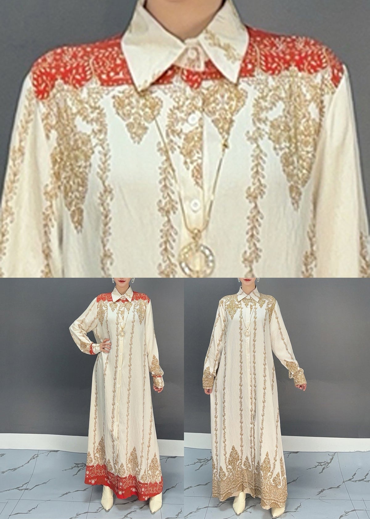 Collared Ornate Print Button-Front Long Sleeve Maxi Shirt Dress
