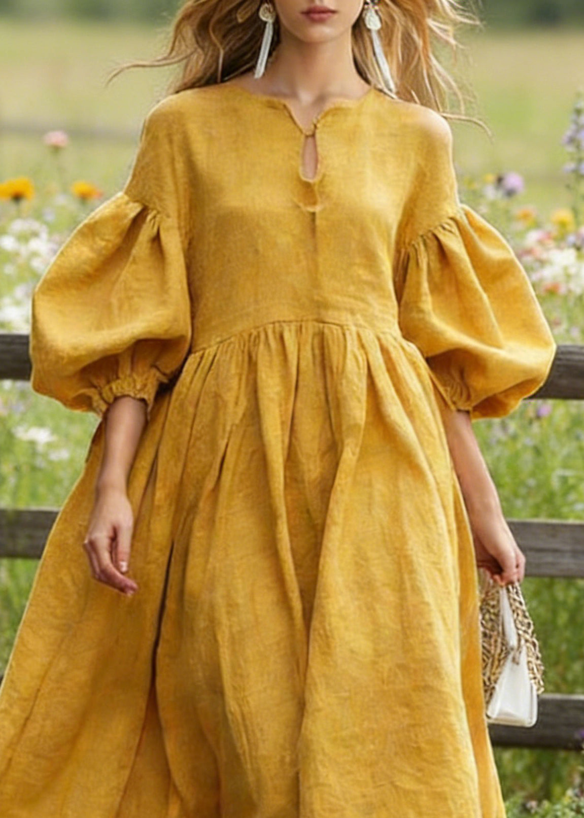 Round Neck Keyhole Empire Waist Puff Sleeve Linen Asymmetric Hem Maxi Dress