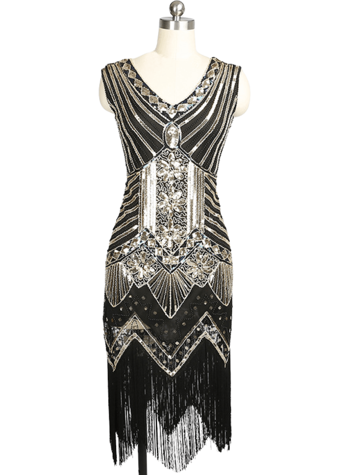 Sleeveless Deep V Fringe Hem Art Deco Sequin Beaded Midi Dress