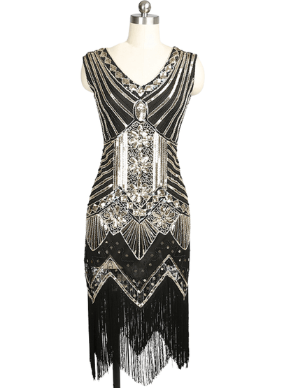 Sleeveless Deep V Fringe Hem Art Deco Sequin Beaded Midi Dress