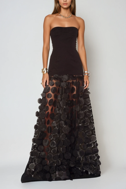 Strapless 3D Polka Dot Applique Sheer Mesh Ball Gown Maxi Dress