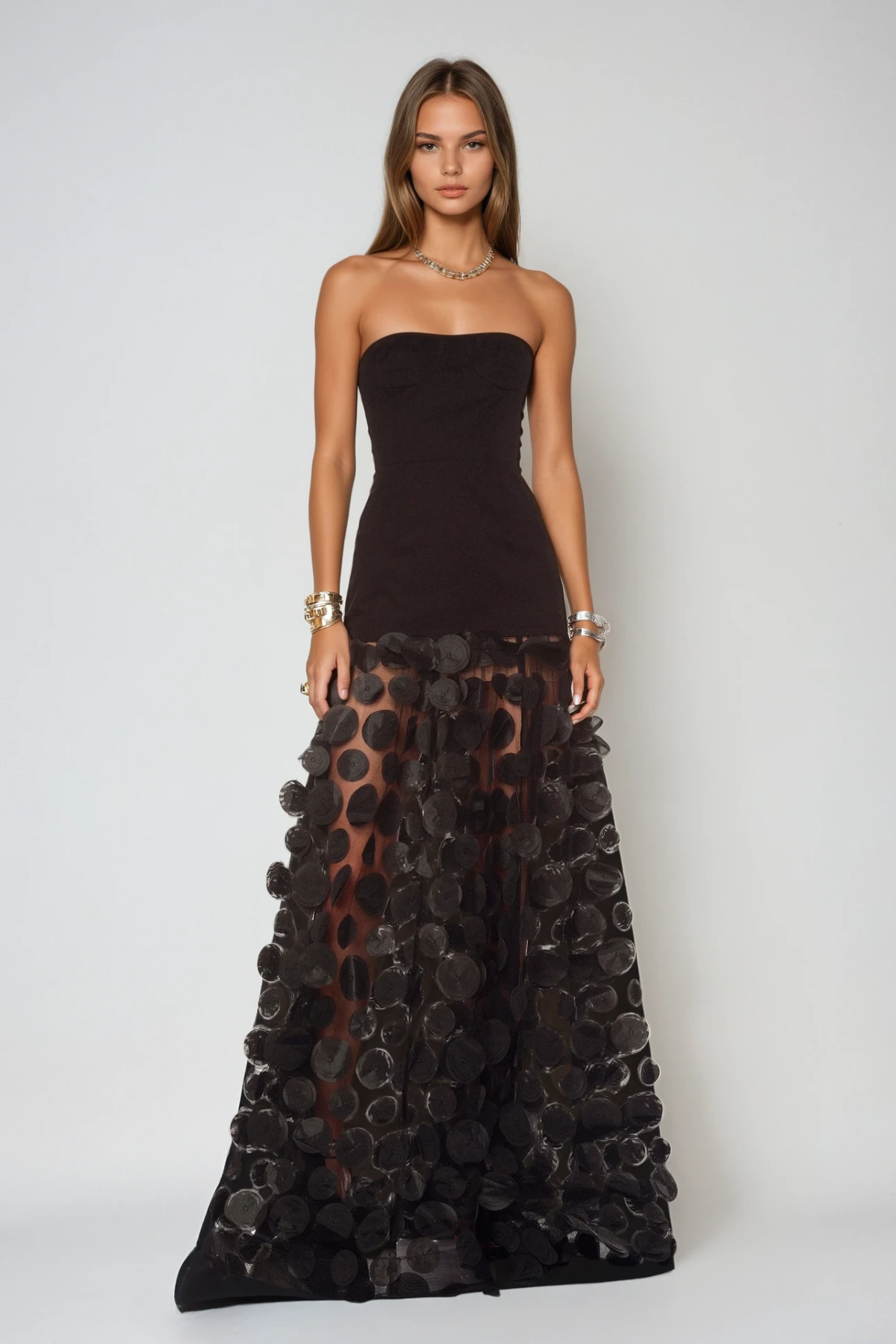 Strapless 3D Polka Dot Applique Sheer Mesh Ball Gown Maxi Dress