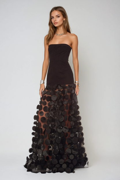 Strapless 3D Polka Dot Applique Sheer Mesh Ball Gown Maxi Dress