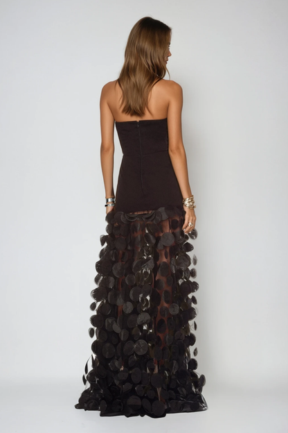 Strapless 3D Polka Dot Applique Sheer Mesh Ball Gown Maxi Dress