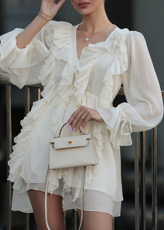 V-Neck Cascading Ruffle Tie Cuff Sheer Layered Chiffon Mini Dress