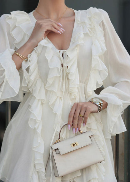 V-Neck Cascading Ruffle Tie Cuff Sheer Layered Chiffon Mini Dress