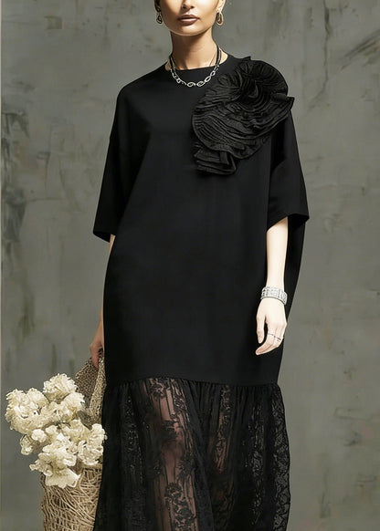 Round Neck 3D Rosette Lace Tier Oversized Midi Dress