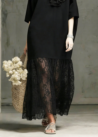 Round Neck 3D Rosette Lace Tier Oversized Midi Dress