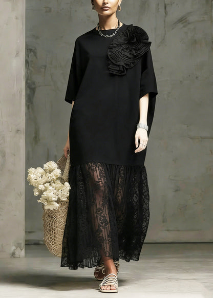 Round Neck 3D Rosette Lace Tier Oversized Midi Dress