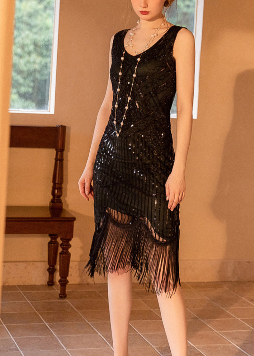 V-Neck Geometric Sequin Fringe Tiered Knee-Length Dress