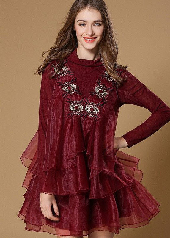 Mock Neck Floral Embroidered Organza Tiered Ruffle Mini Dress