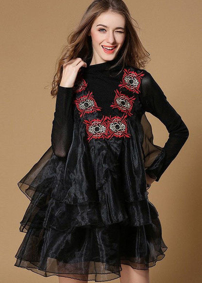 Mock Neck Floral Embroidered Organza Tiered Ruffle Mini Dress
