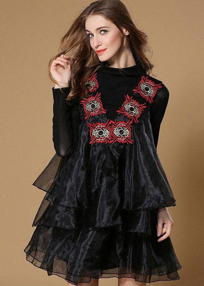 Mock Neck Floral Embroidered Organza Tiered Ruffle Mini Dress