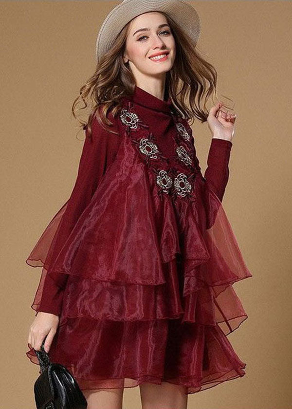 Mock Neck Floral Embroidered Organza Tiered Ruffle Mini Dress