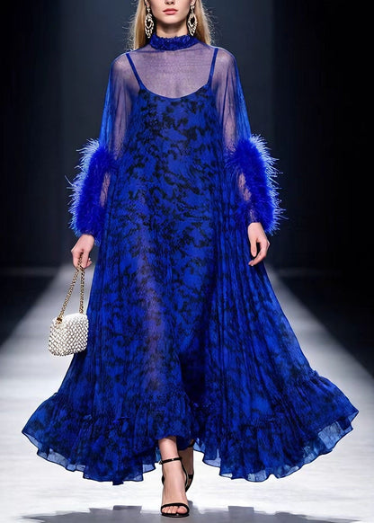 Mock Neck Feather Cuff Abstract Print Sheer Tiered Maxi Gown