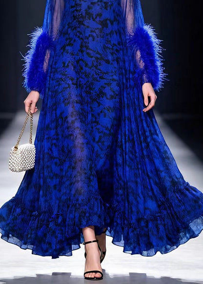 Mock Neck Feather Cuff Abstract Print Sheer Tiered Maxi Gown