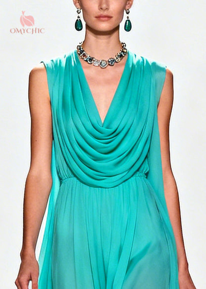 Cowl Neck Sleeveless Gathered Waist 3D Floral Appliqué Hem Wide-Leg Jumpsuit