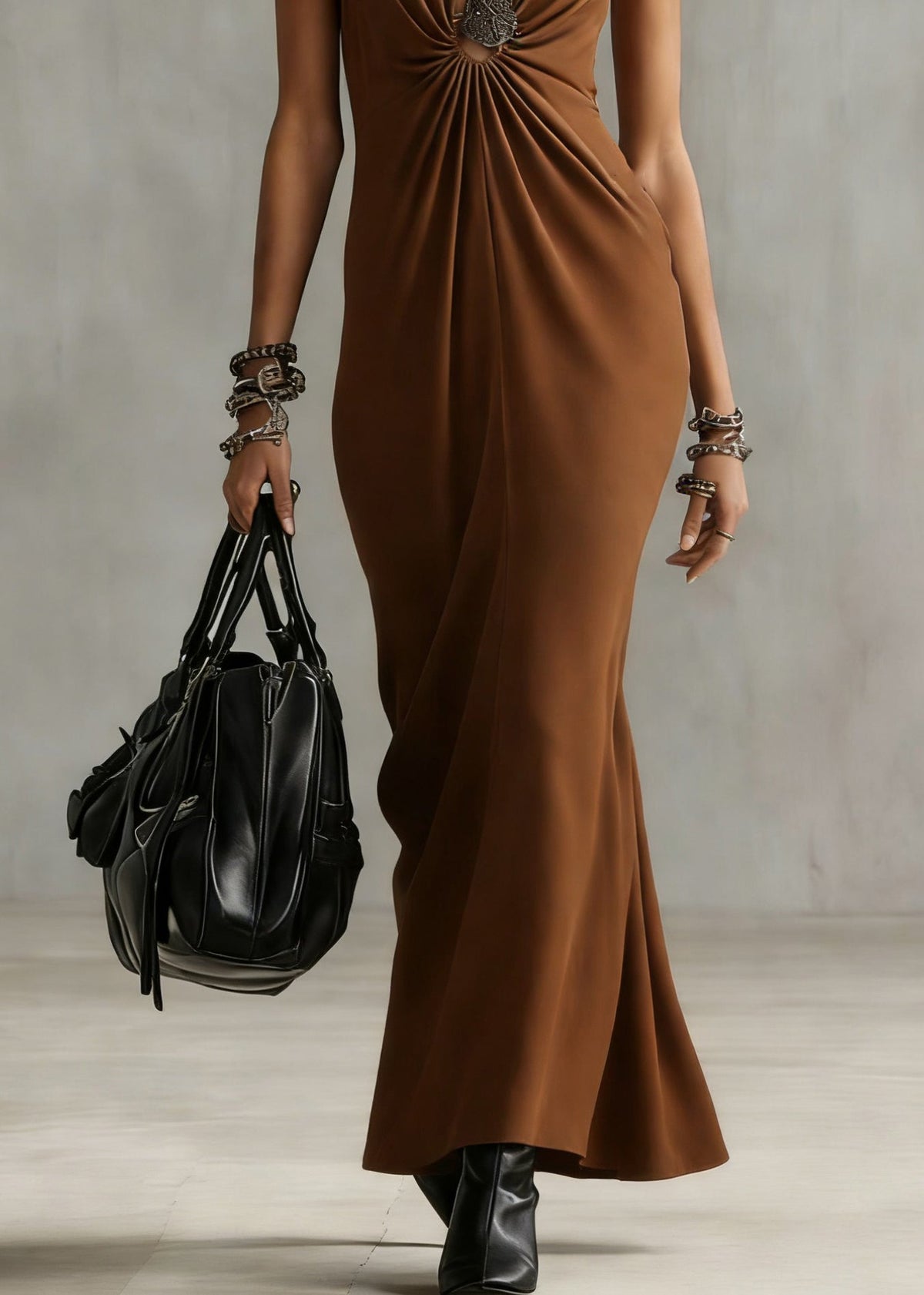 Halter Deep V Neck Center Gathered Ruched Column Maxi Dress