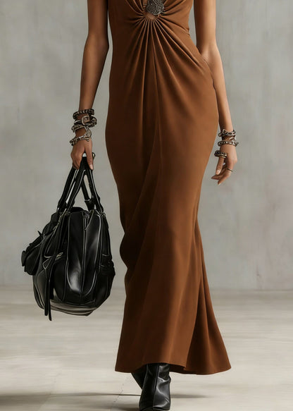 Halter Deep V Neck Center Gathered Ruched Column Maxi Dress