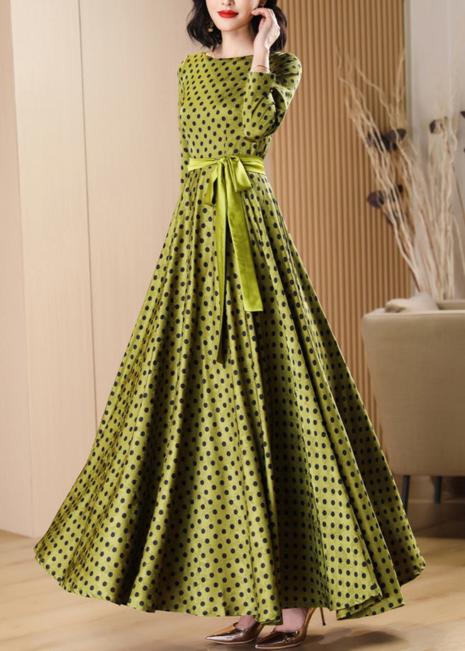 Round Neck Polka Dot Long Sleeve Satin Waist Tie Maxi Dress