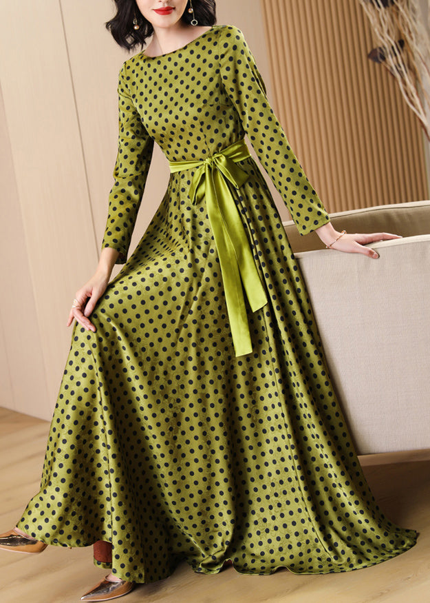 Round Neck Polka Dot Long Sleeve Satin Waist Tie Maxi Dress