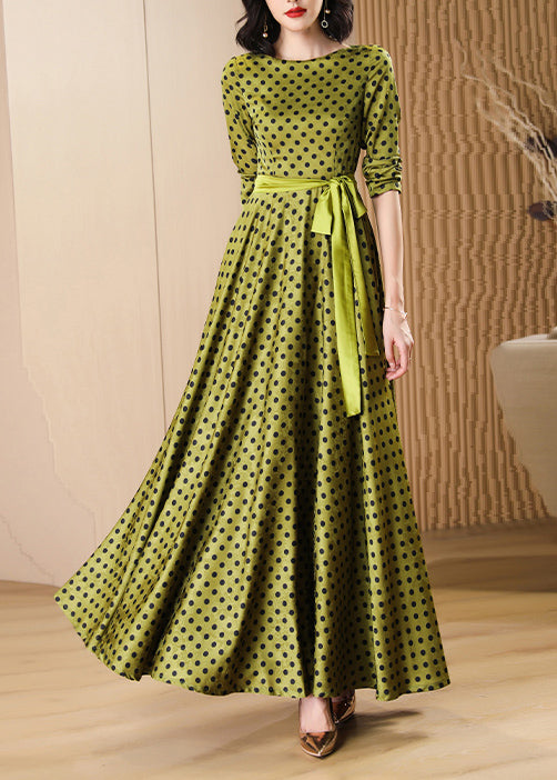 Round Neck Polka Dot Long Sleeve Satin Waist Tie Maxi Dress