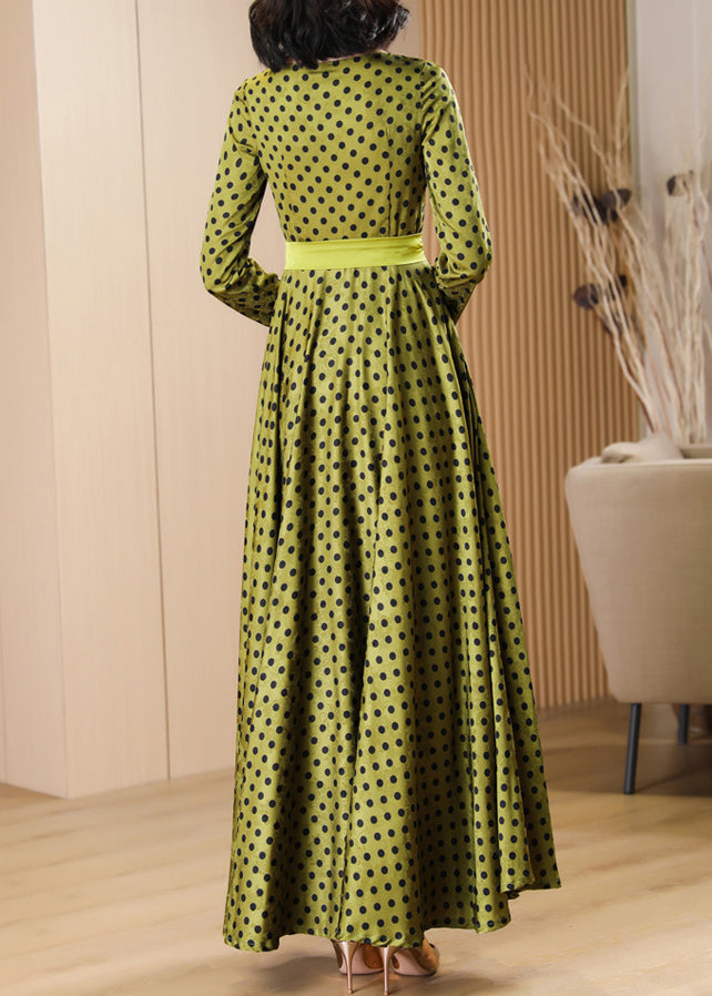 Round Neck Polka Dot Long Sleeve Satin Waist Tie Maxi Dress