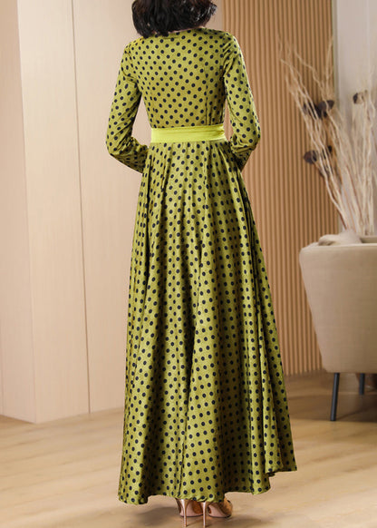 Round Neck Polka Dot Long Sleeve Satin Waist Tie Maxi Dress