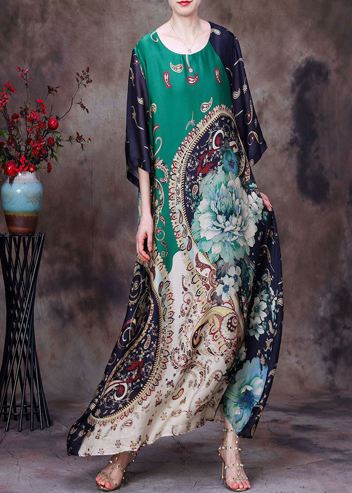 Scoop Neck Kimono Sleeve Mixed Paisley Floral Scarf Print Oversized Maxi Dress
