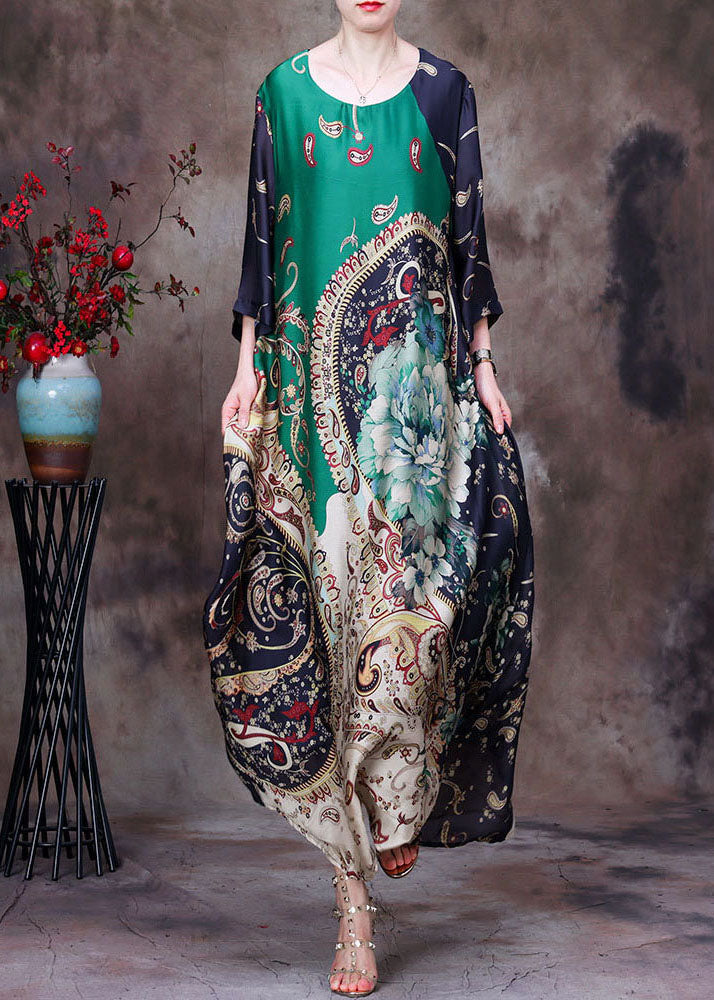 Scoop Neck Kimono Sleeve Mixed Paisley Floral Scarf Print Oversized Maxi Dress